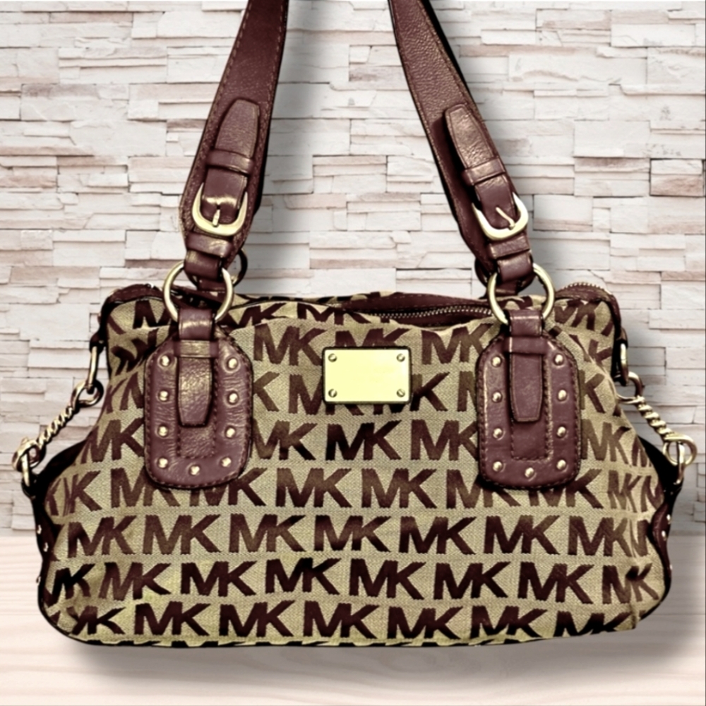 MICHAEL Michael Kors Signature Brown Tan Big Valley Satchel Shoulder Bag. EUC